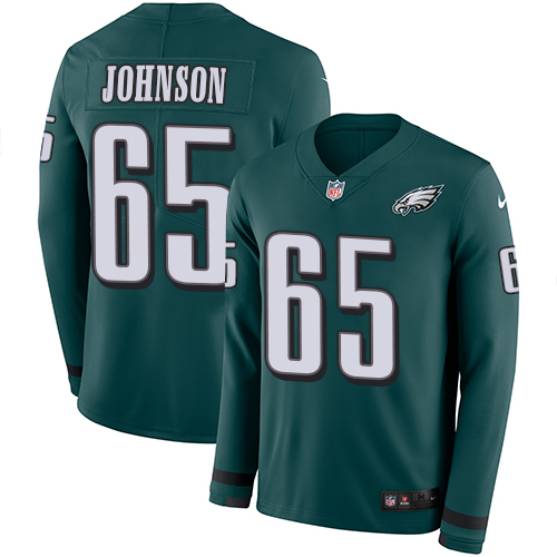 Philadelphia Eagles #65 Lane Johnson Midnight Green Team Color Men's Stitched Limited Therma Long Sleeve Jersey Men's