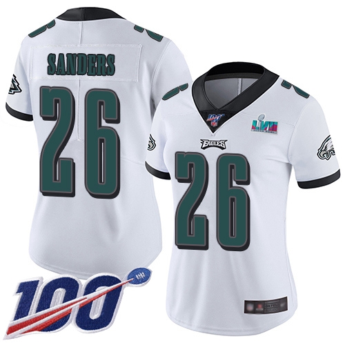 Eagles #26 Miles Sanders White Super Bowl LVII Patch Women's Stitched 100th Season Vapor Limited Jersey