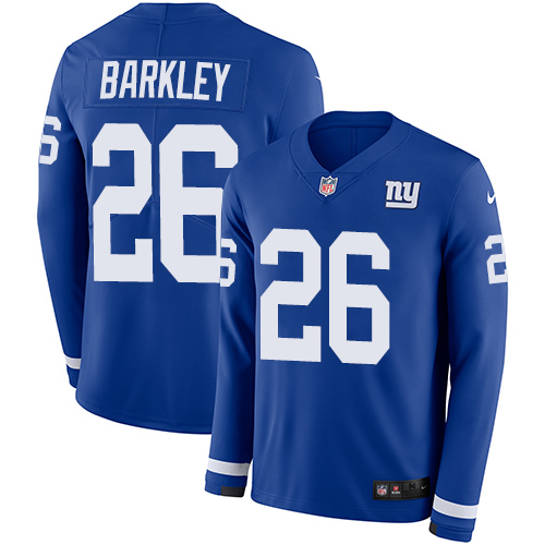 Giants #26 Saquon Barkley Royal Blue Team Color Youth Stitched Limited Therma Long Sleeve Jersey