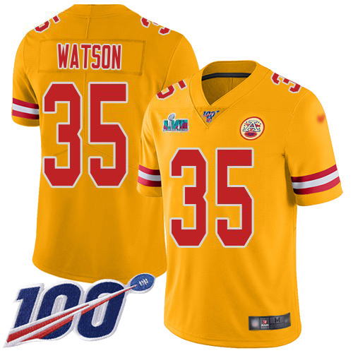 Chiefs #35 Jaylen Watson Gold Super Bowl LVII Patch Men's Stitched Limited Inverted Legend 100th Season Jersey