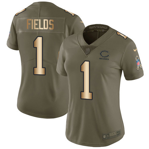 Bears #1 Justin Fields Olive/Gold Women's Stitched Limited 2017 Salute To Service Jersey