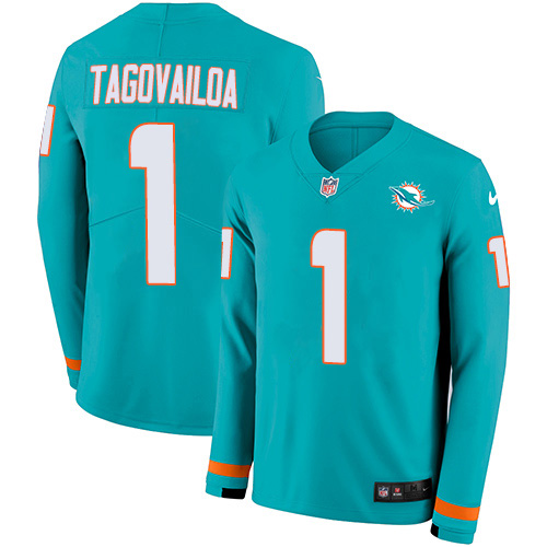Dolphins #1 Tua Tagovailoa Aqua Green Team Color Youth Stitched Limited Therma Long Sleeve Jersey