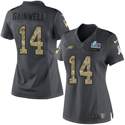 Eagles #14 Kenneth Gainwell Black Super Bowl LVII Patch Women's Stitched Limited 2016 Salute To Service Jersey