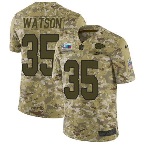 Chiefs #35 Jaylen Watson Camo Super Bowl LVII Patch Men's Stitched Limited 2018 Salute To Service Jersey