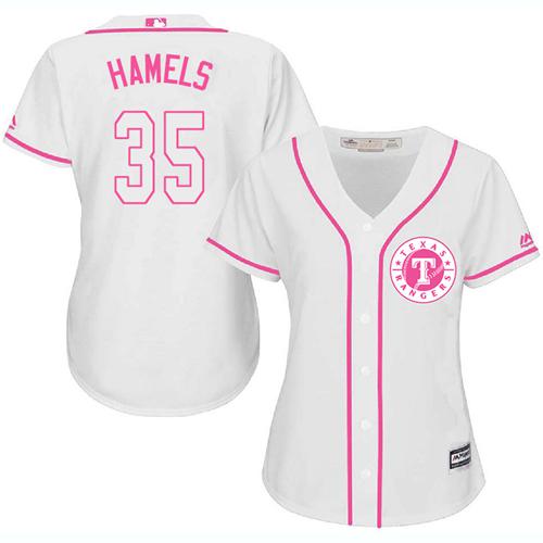 Texas Rangers #35 Cole Hamels White/Pink Fashion Women's Stitched Jersey Womens