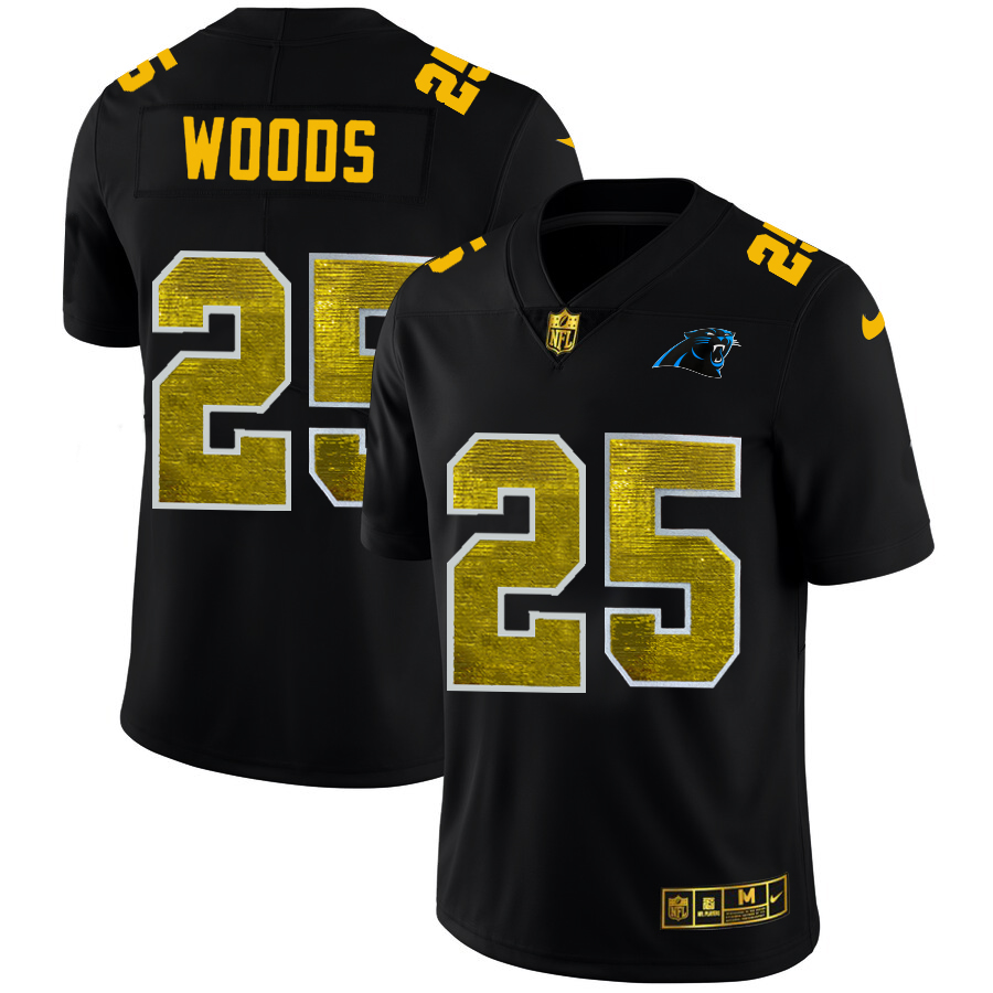 Carolina Panthers #25 Xavier Woods Men's Black Golden Sequin Vapor Limited Jersey