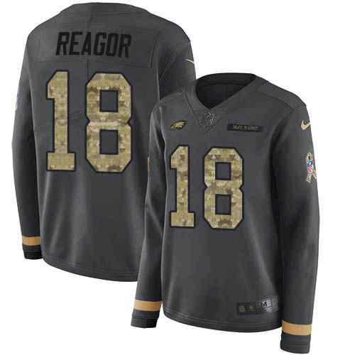 Philadelphia Eagles #18 Jalen Reagor Anthracite Salute to Service Women's Stitched Limited Therma Long Sleeve Jersey Womens