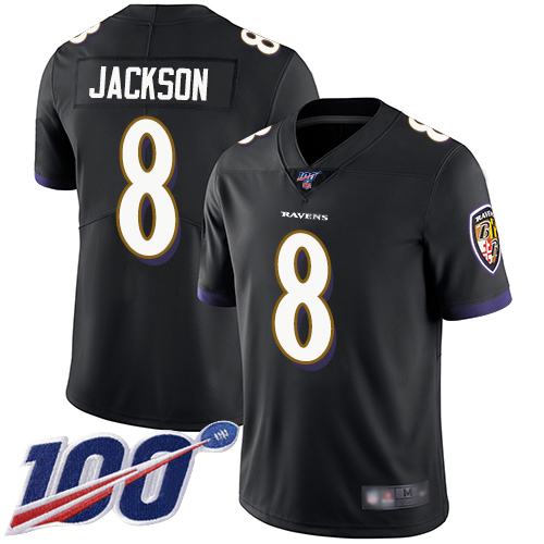Ravens #8 Lamar Jackson Black Alternate Youth Stitched 100th Season Vapor Limited Jersey