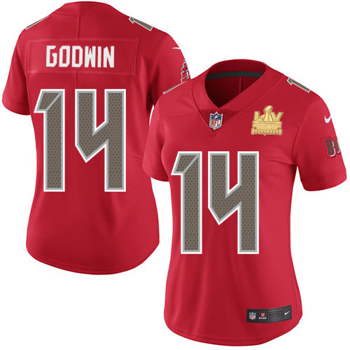 Buccaneers #14 Chris Godwin Red Women's Super Bowl LV Champions Patch Stitched Limited Rush Jersey