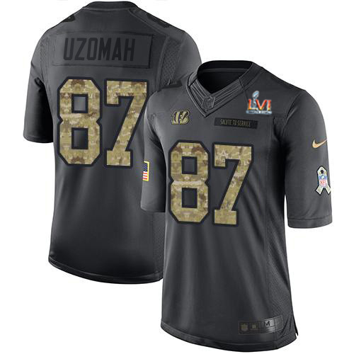 Cincinnati Bengals #87 C.J. Uzomah Black Team Color Super Bowl LVI Patch Youth Stitched Limited Therma Long Sleeve Jersey Youth