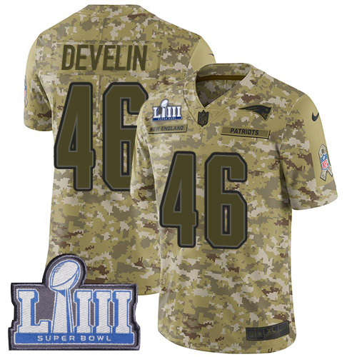 New England Patriots #46 James Develin Camo Super Bowl LIII Bound Men's Stitched Limited 2018 Salute To Service Jersey Men's
