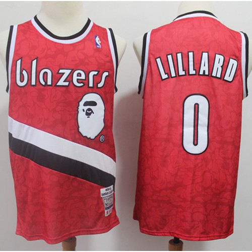 Mitchell And Ness A Bathing Ape Portland Trail Blazers #0 Damian Lillard Red Stitched Jersey Mens
