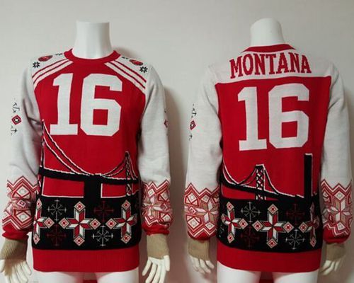 49ers #16 Joe Montana Red/White Men's Ugly Sweater