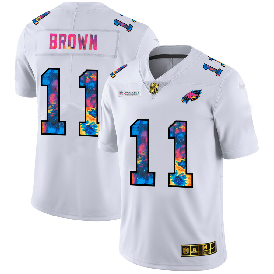 Philadelphia Eagles #11 A.J. Brown Men's White Multi-Color 2020 Crucial Catch Limited Jersey