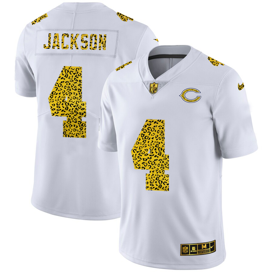 Chicago Bears #4 Eddie Jackson Men's Flocked Leopard Print Vapor Limited Jersey White