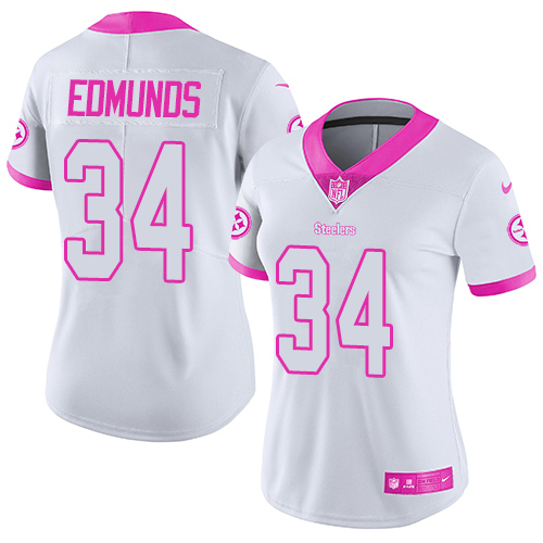 Pittsburgh Steelers #34 Terrell Edmunds White/Pink Women's Stitched Limited Rush Fashion Jersey Womens
