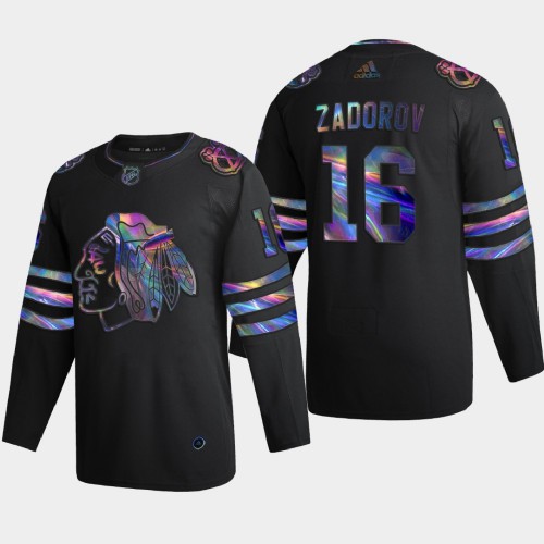 Chicago Chicago Blackhawks #16 Nikita Zadorov Men's Iridescent Holographic Collection Jersey - Black Men's