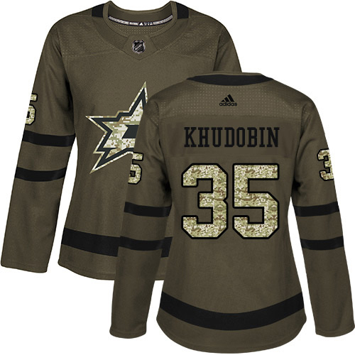 Adidas Dallas Stars #35 Anton Khudobin Green Salute to Service Women's Stitched Jersey Womens