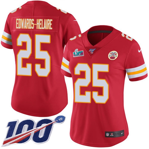 Chiefs #25 Clyde Edwards-Helaire Red Team Color Super Bowl LVII Patch Women's Stitched 100th Season Vapor Limited Jersey