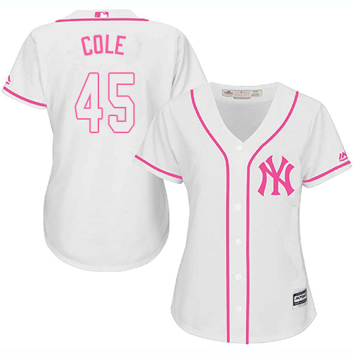 New York Yankees #45 Gerrit Cole White/Pink Fashion Women's Stitched Jersey Womens