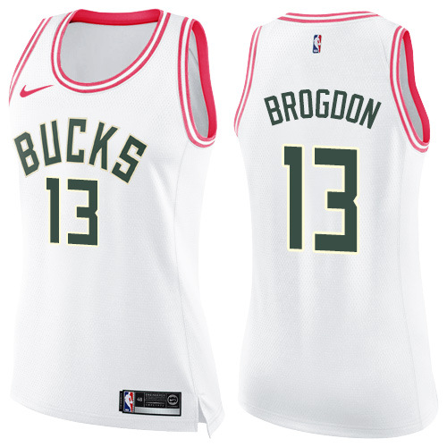 Milwaukee Bucks #13 Malcolm Brogdon White/Pink Womens Swingman Fashion Jersey Womens