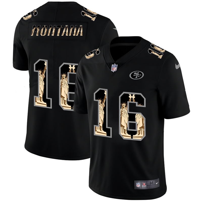 San Francisco 49ers #16 Joe Montana Carbon Black Vapor Statue Of Liberty Limited Jersey