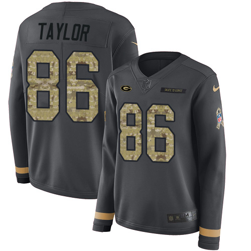 Green Bay Packers #86 Malik Taylor Anthracite Salute to Service Women's Stitched Limited Therma Long Sleeve Jersey Womens