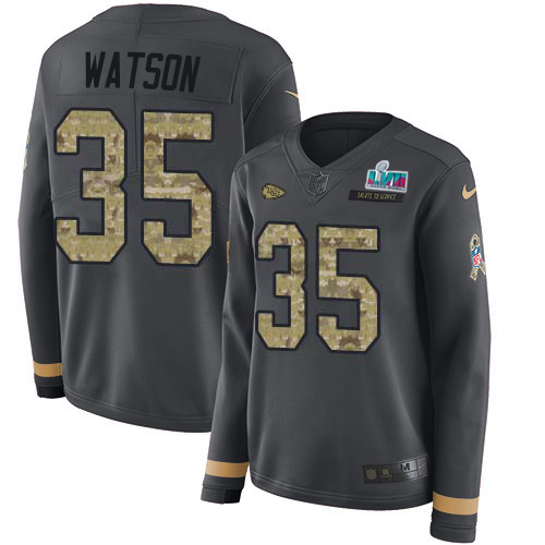 Chiefs #35 Jaylen Watson Anthracite Salute To Service Super Bowl LVII Patch Women's Stitched Limited Therma Long Sleeve Jersey