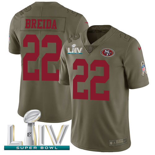 San Francisco 49ers #22 Matt Breida Olive Super Bowl LIV 2020 Men's Stitched Limited 2017 Salute To Service Jersey Men's