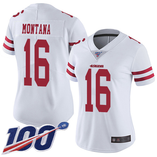 49ers #16 Joe Montana White Women's Stitched 100th Season Vapor Limited Jersey