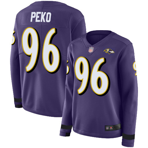 Baltimore Ravens #96 Domata Peko Sr Purple Team Color Women's Stitched Limited Therma Long Sleeve Jersey Womens
