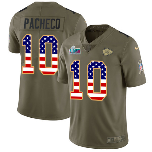 Chiefs #10 Isiah Pacheco Olive/USA Flag Super Bowl LVII Patch Men's Stitched Limited 2017 Salute To Service Jersey