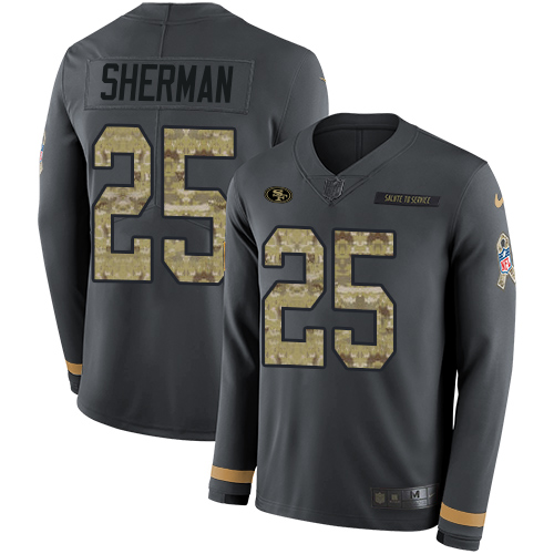 San Francisco 49ers #25 Richard Sherman Anthracite Salute to Service Men's Stitched Limited Therma Long Sleeve Jersey Men's