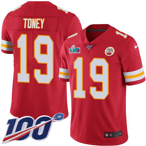Chiefs #19 Kadarius Toney Red Team Color Super Bowl LVII Patch Men's Stitched 100th Season Vapor Limited Jersey