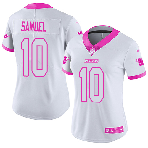 Carolina Panthers #10 Curtis Samuel White/Pink Women's Stitched Limited Rush Fashion Jersey Womens