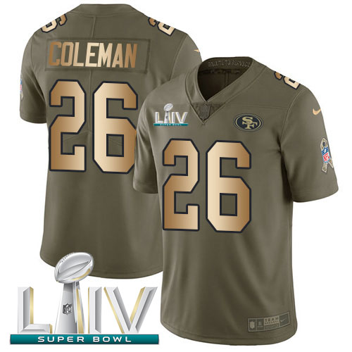San Francisco 49ers #26 Tevin Coleman Olive/Gold Super Bowl LIV 2020 Youth Stitched Limited 2017 Salute To Service Jersey Youth