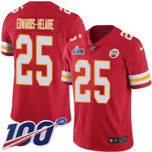 Chiefs #25 Clyde Edwards-Helaire Red Team Color Super Bowl LVII Patch Men's Stitched 100th Season Vapor Limited Jersey