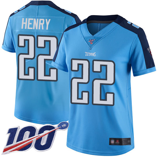 Titans #22 Derrick Henry Light Blue Women's Stitched Limited Rush 100th Season Jersey