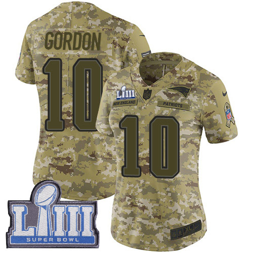 New England Patriots #10 Josh Gordon Camo Super Bowl LIII Bound Women's Stitched Limited 2018 Salute to Service Jersey Womens