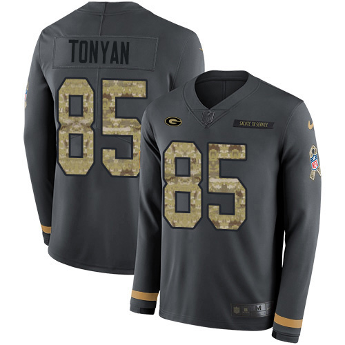 Green Bay Packers #85 Robert Tonyan Anthracite Salute to Service Youth Stitched Limited Therma Long Sleeve Jersey Youth