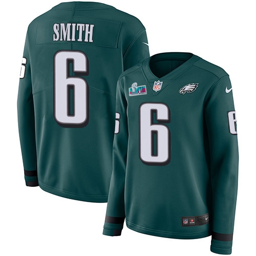 Eagles #6 DeVonta Smith Green Super Bowl LVII Patch Team Color Women's Stitched Limited Therma Long Sleeve Jersey