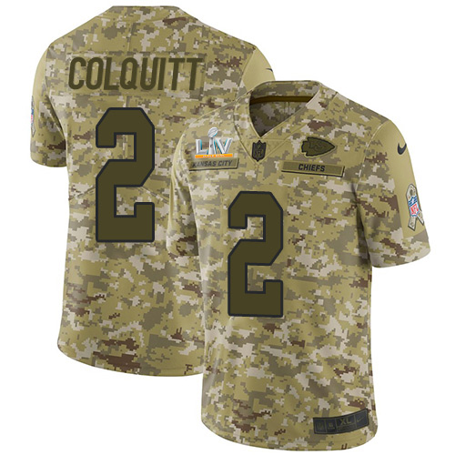 Kansas City Chiefs #2 Dustin Colquitt Camo Youth Super Bowl LV Bound Stitched Limited 2018 Salute To Service Jersey Youth