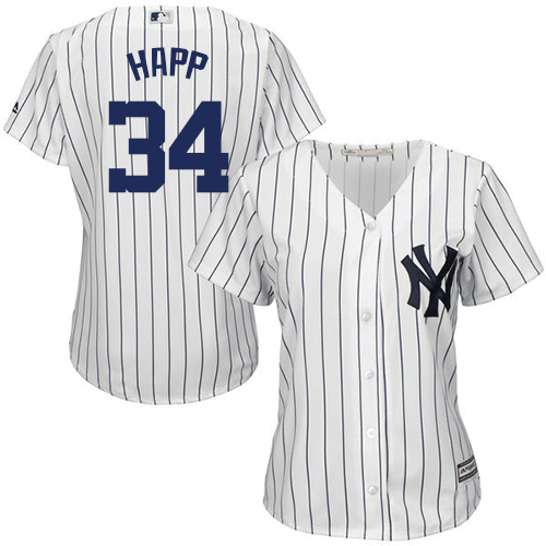 New York Yankees #34 J.A. Happ White Strip Home Women's Stitched Jersey Womens