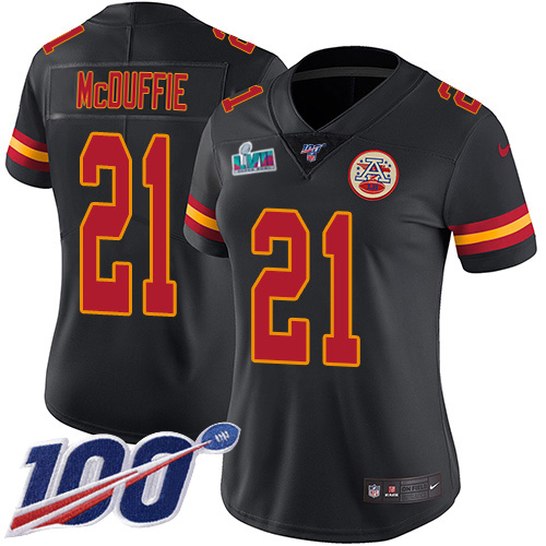 Chiefs #21 Trent McDuffie Black Super Bowl LVII Patch Women's Stitched Limited Rush 100th Season Jersey
