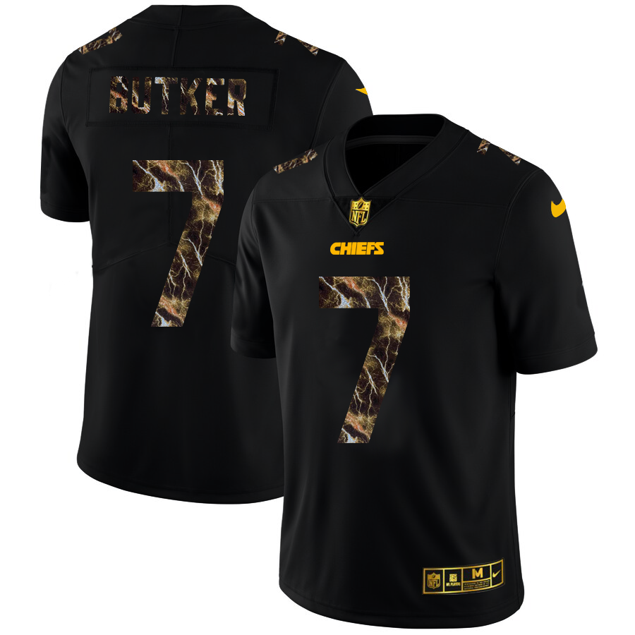 Kansas City Chiefs #7 Harrison Butker Men's Black Flocked Lightning Vapor Limited Jersey