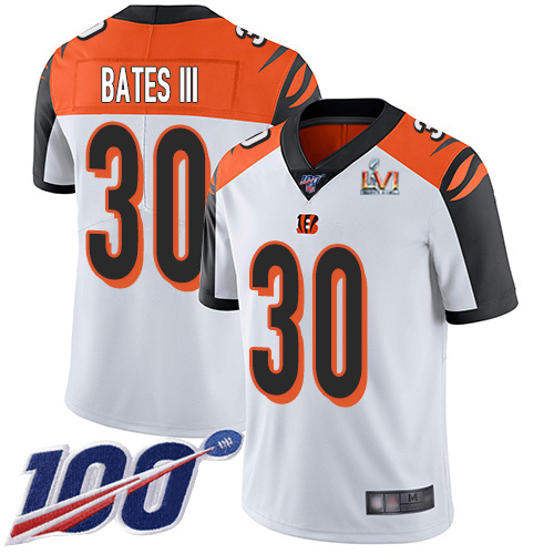 Bengals #30 Jessie Bates White Super Bowl LVI Patch Men's Stitched 100th Season Vapor Limited Jersey