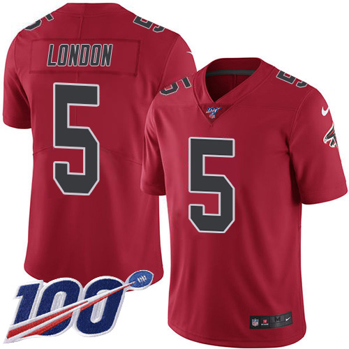 Falcons #5 Drake London Red Men's Stitched Limited Rush 100th Season Jersey