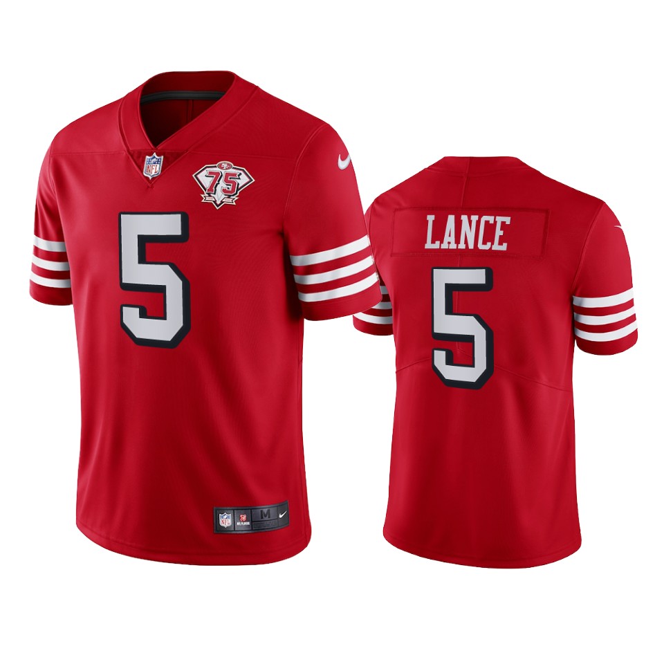 49ers #5 Trey Lance Red Rush Men's 75th Anniversary Stitched Vapor Untouchable Limited Jersey