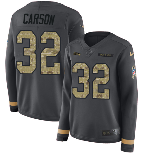 Seattle Seahawks #32 Chris Carson Anthracite Salute to Service Women's Stitched Limited Therma Long Sleeve Jersey Womens