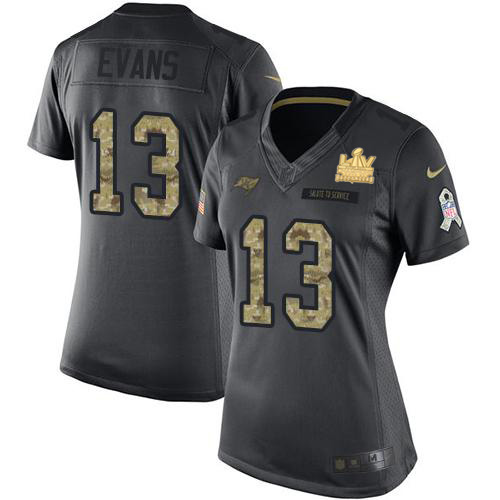 Buccaneers #13 Mike Evans Black Women's Super Bowl LV Champions Patch Stitched Limited 2016 Salute To Service Jersey